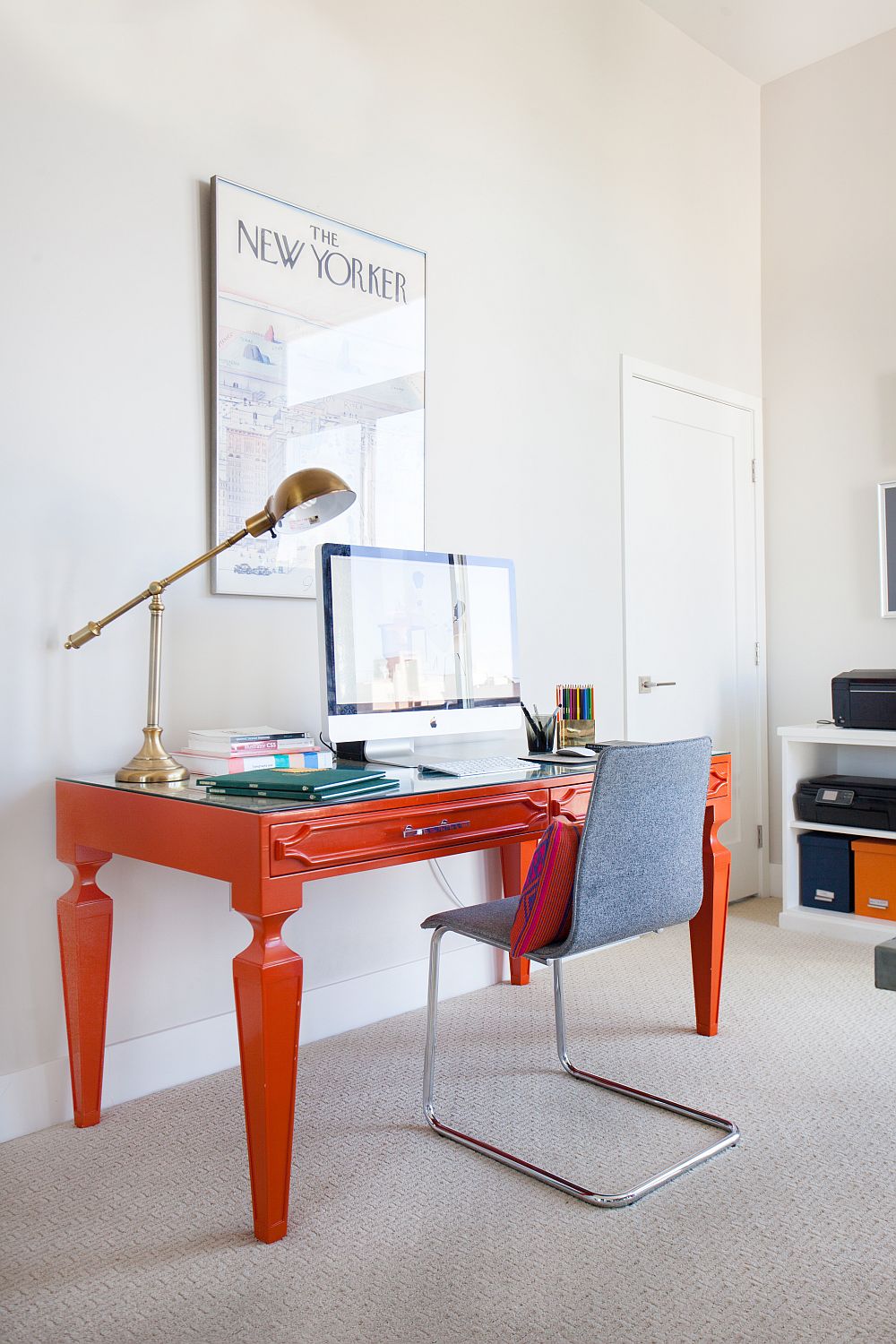 Add color to your home office even while keeping the backdrop neutral