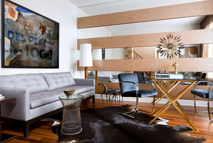 Alternating stripes of glass and grasscloth in the living room [Design: Toronto Interior Design Group | Yanic Simard]