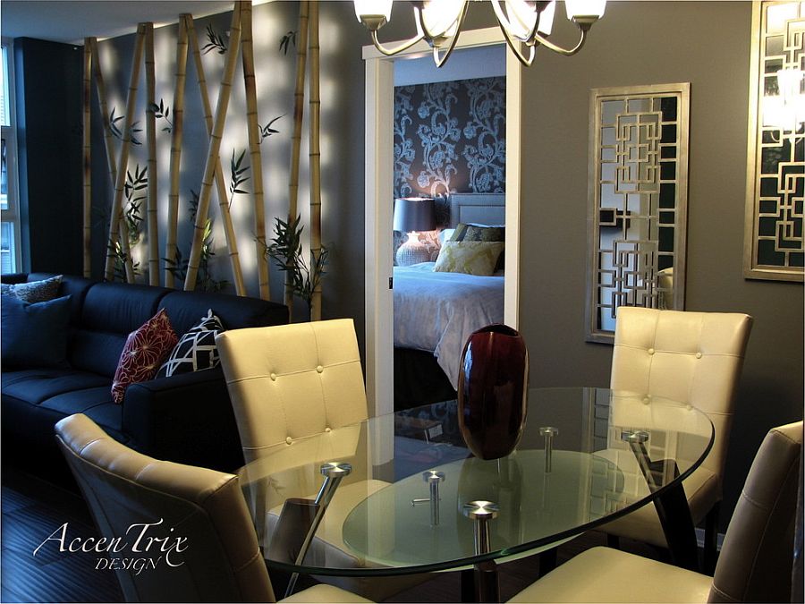 Asian living room with a brilliant custom-designed bamboo feature