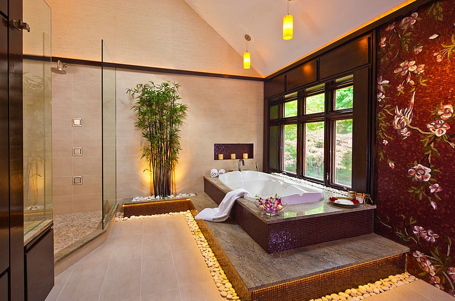 Backlit bamboo feature adds a sense of serenity to the sophisticated bathroom