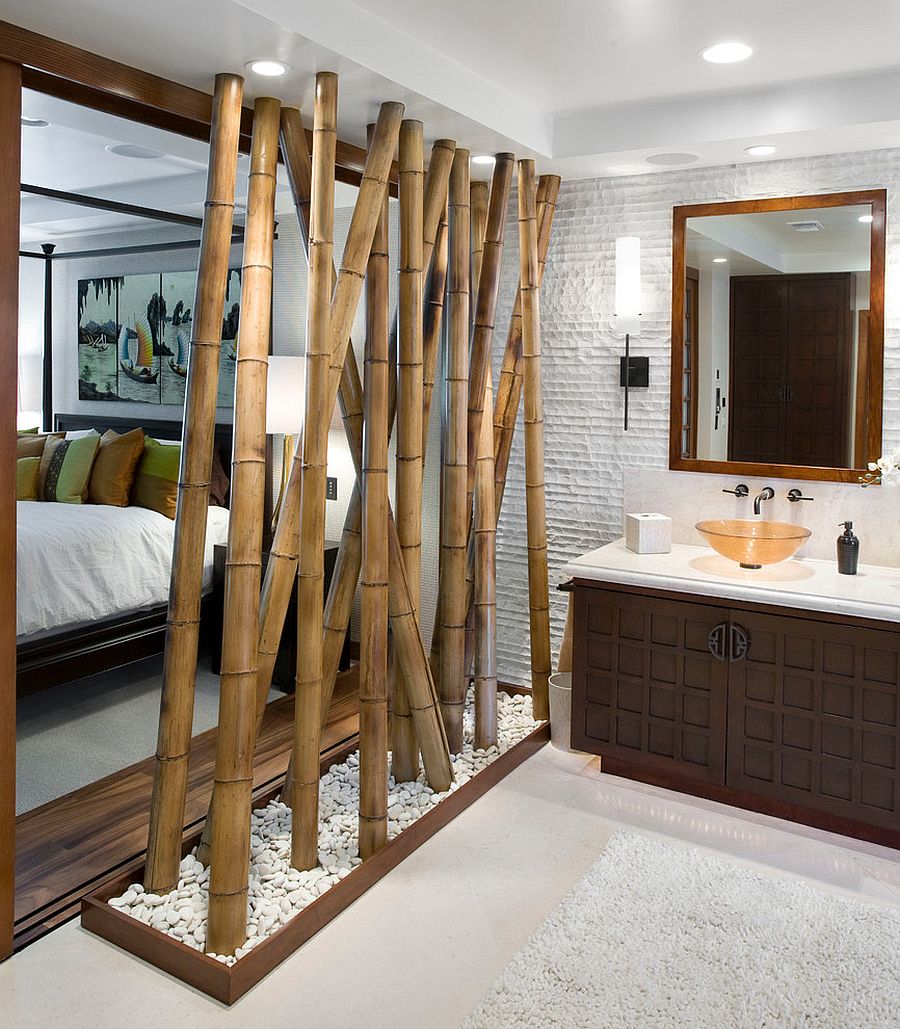 Bamboo feature acts as a partition between the bedroom and bath [Design: Arch-Interiors Design Group]