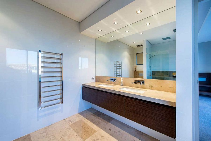 Bathroom vanity in wood adds warmth to the space