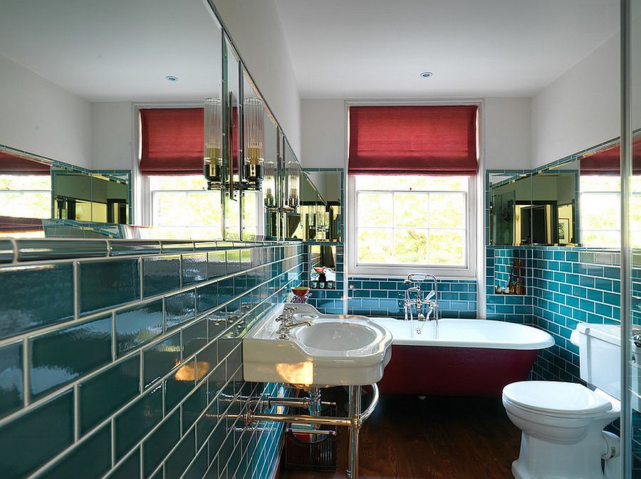 Bathroom with teal tiles and a bathtub in red! [Design: Wells & Trembath]