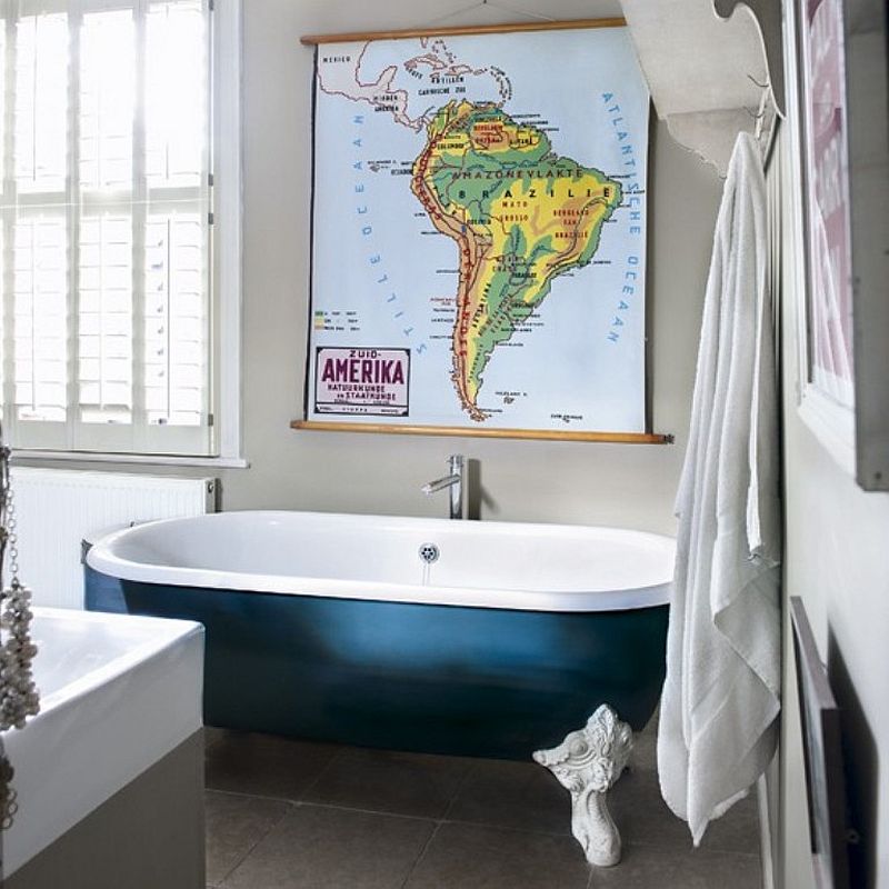 Bathtub brings blue beauty to this eclectic bathroom [From: HousetoHome]