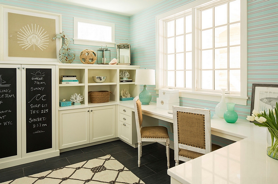 Beach style home office has an elegant, tranquil vibe [Design: Martha O'Hara Interiors / Refined LLC]