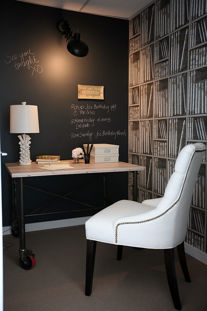 Beautiful home office with chalkboard wall and Fornasetti wallpaper