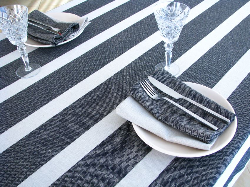 Black and white striped tablecloth from Linen Thread