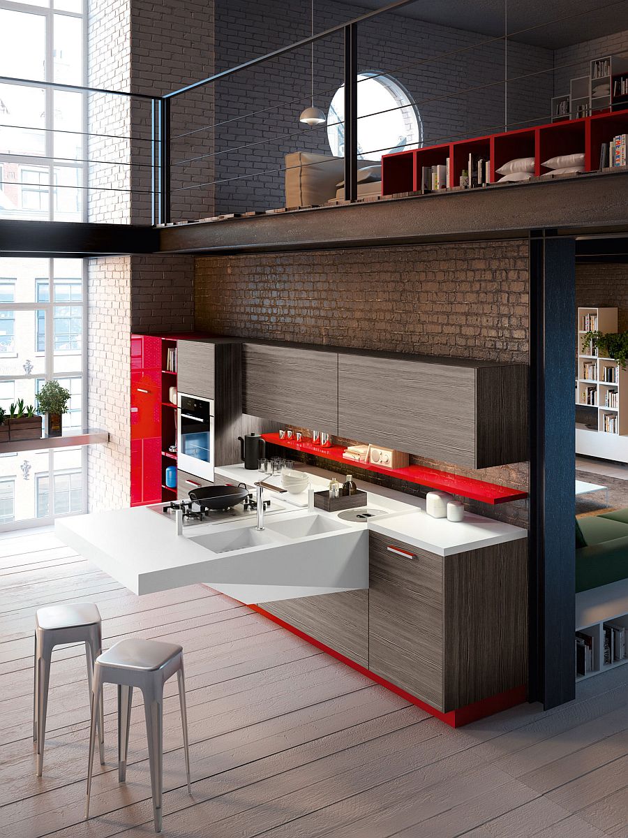 Board kitchen design combines warmth of wood with red accents