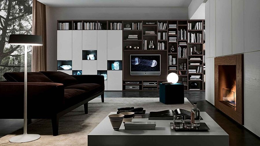 Bookcase system combines open and closed units elegantly