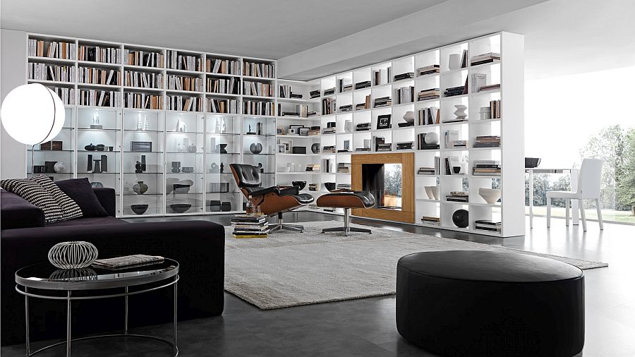 Bookcase system serves as a partition between the living area and patio