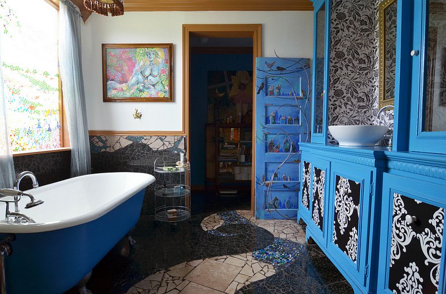 Brilliant bathroom in blue with gorgeous wall art [From: Sarah Greenman]