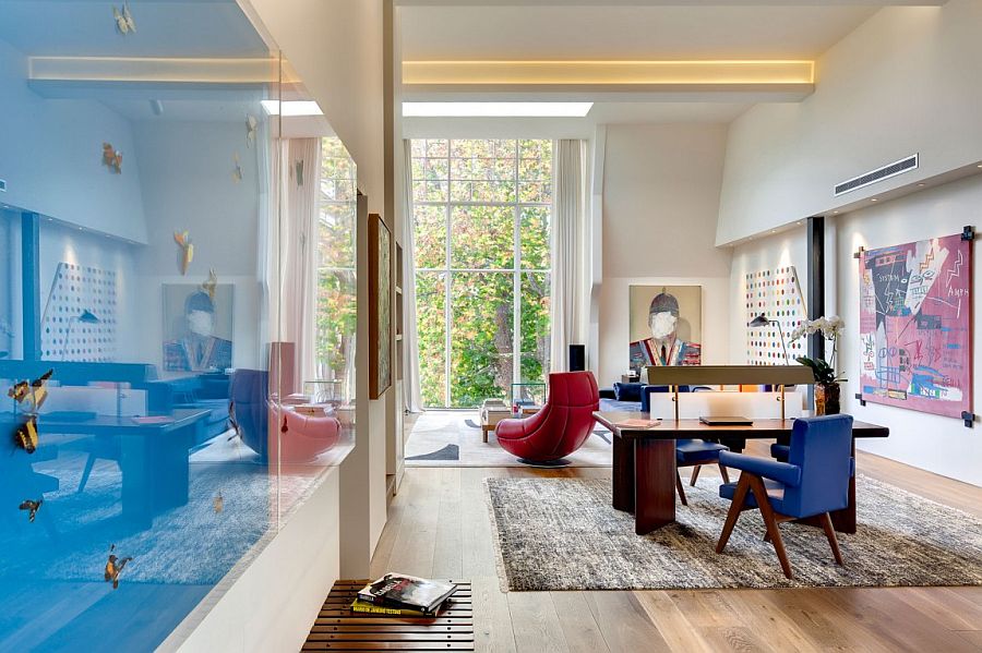 Brilliant pops of red and blue in the airy living area