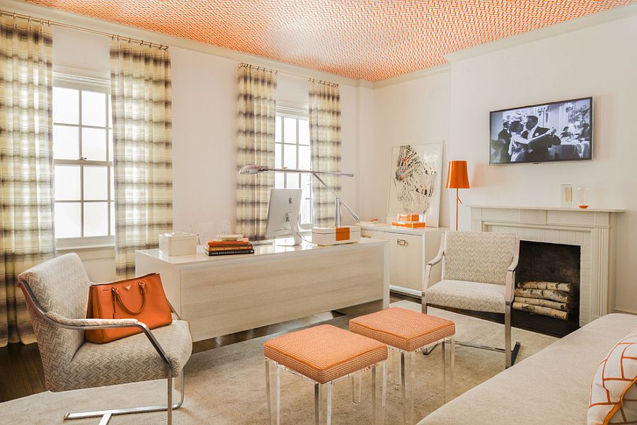 Ceiling adds color and pattern to the transitional home office [Design: S. B. Long Interiors]