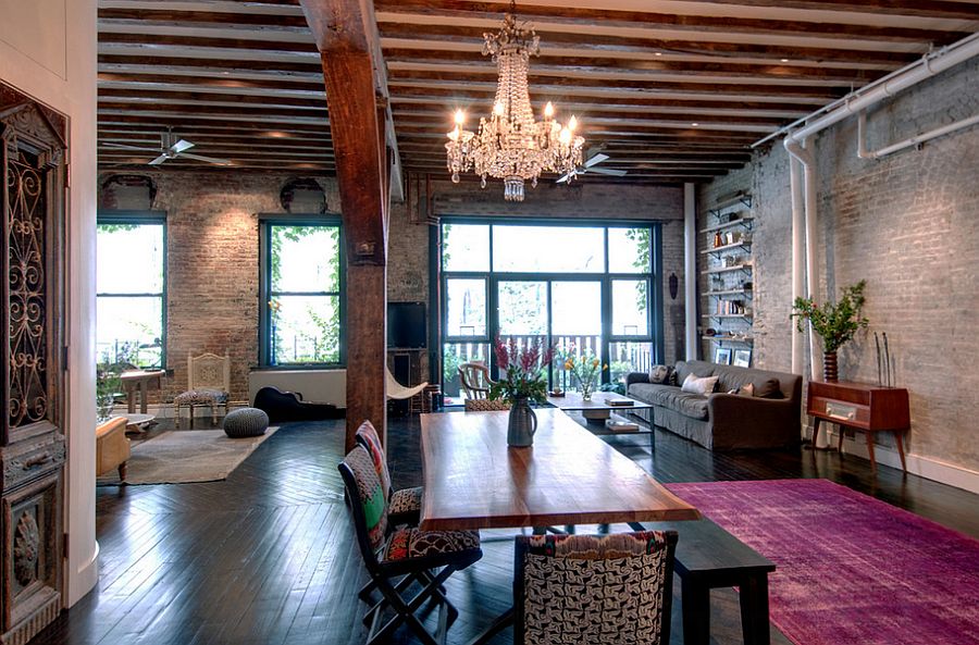Ceiling adds to the industrial appeal of the dining room