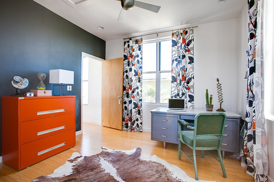 Chalkboard wall in the home office with a bold orange cabinet [From: Kailey J. Flynn Photography]