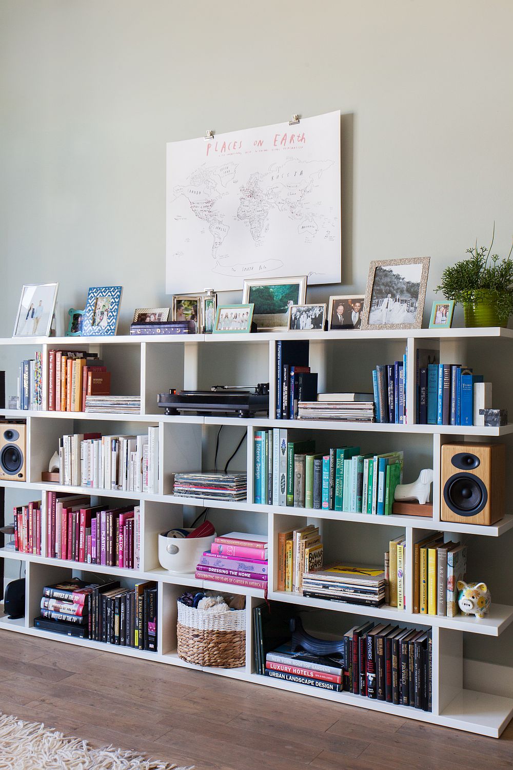 Color coded living room bookshelf idea for the modern home