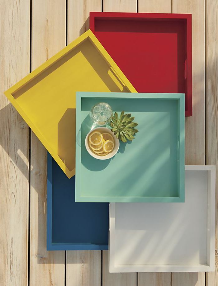 Colorful wooden serving trays from Crate & Barrel