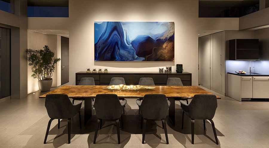 Creative use of art work adds color to the dining room