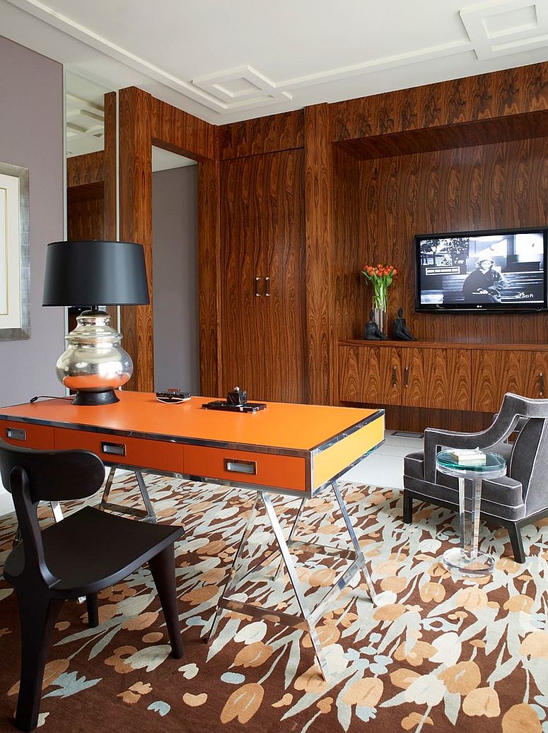 Custom orange desk steals the show in this home office