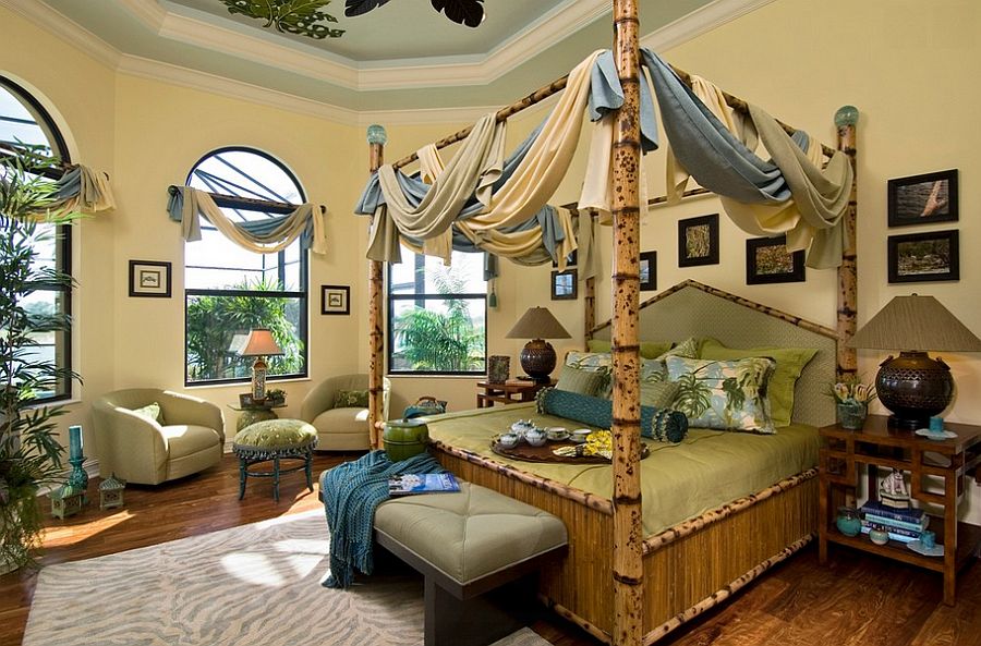 Custom tortoise shell bamboo bed in the tropical bedroom [Design: Peggy Oberlin Interiors]