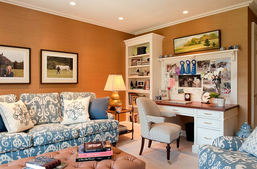 Elegant home office in orange with pops of blue [Design: Su Casa Designs]