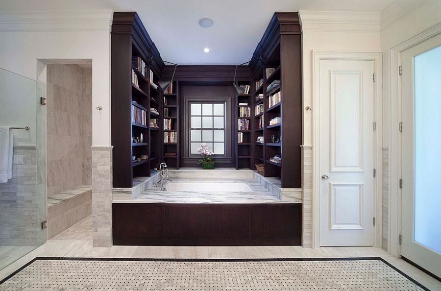 Enjoy a soothing dip in a bathtub surrounded by books! [Design: Phil Kean Design Group]