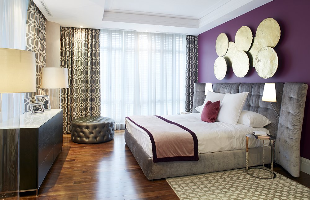 Exquisite bedroom of the residence with a touch of purple elegance