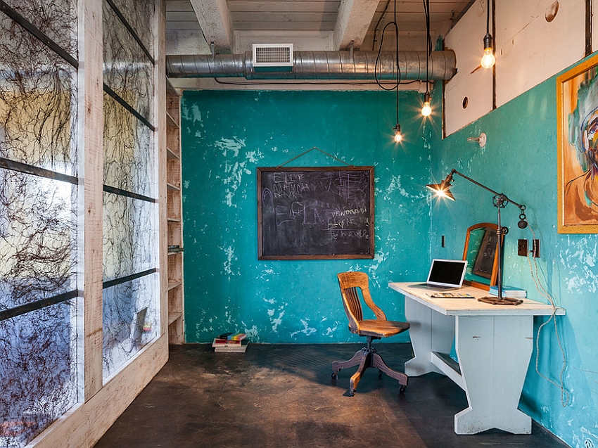 Fabulous industrial style home office with as splash of blue [From: KuDa Photography]