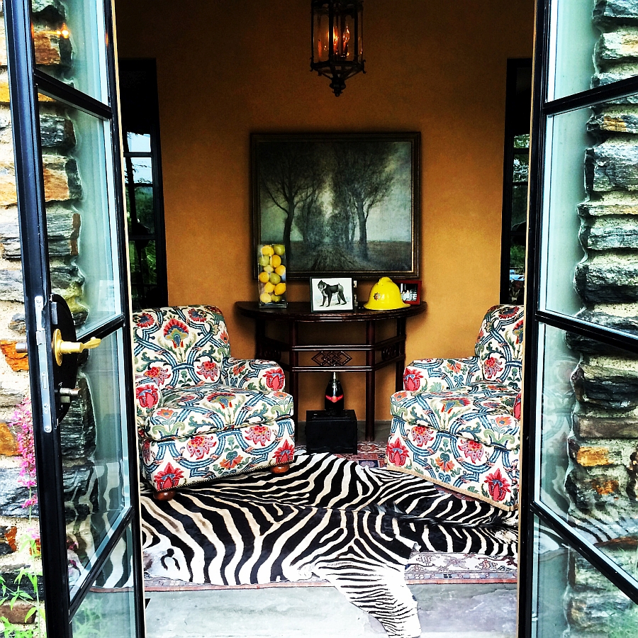 Framhouse style interior with the zebra rug