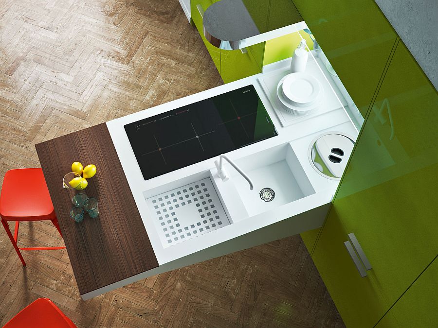 Gorgeous cantilevered kitchen workstation with breakfast area