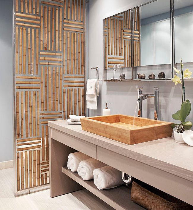 Gorgeous divider panel in bathroom has bamboo embedded in resin!