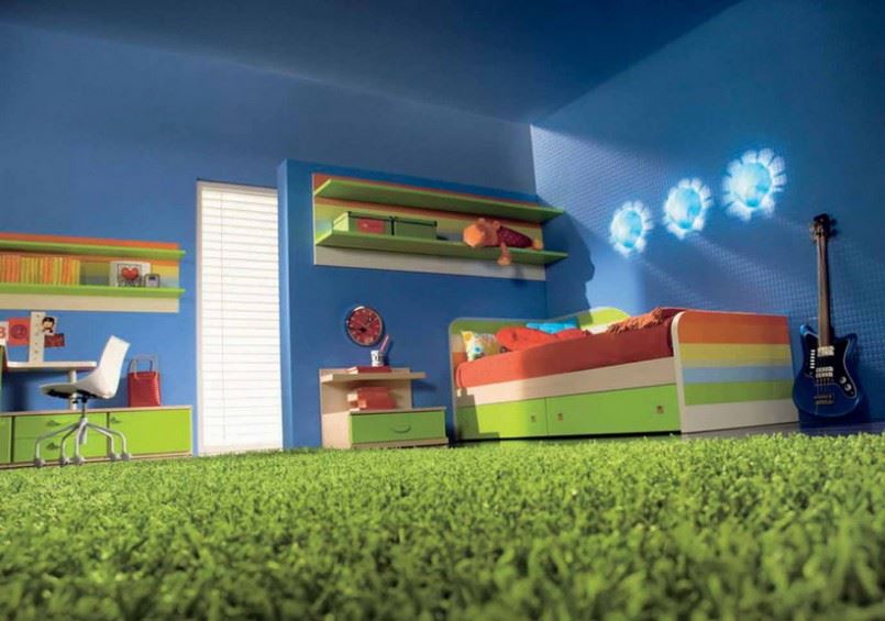 Green carpeting in a child's bedroom