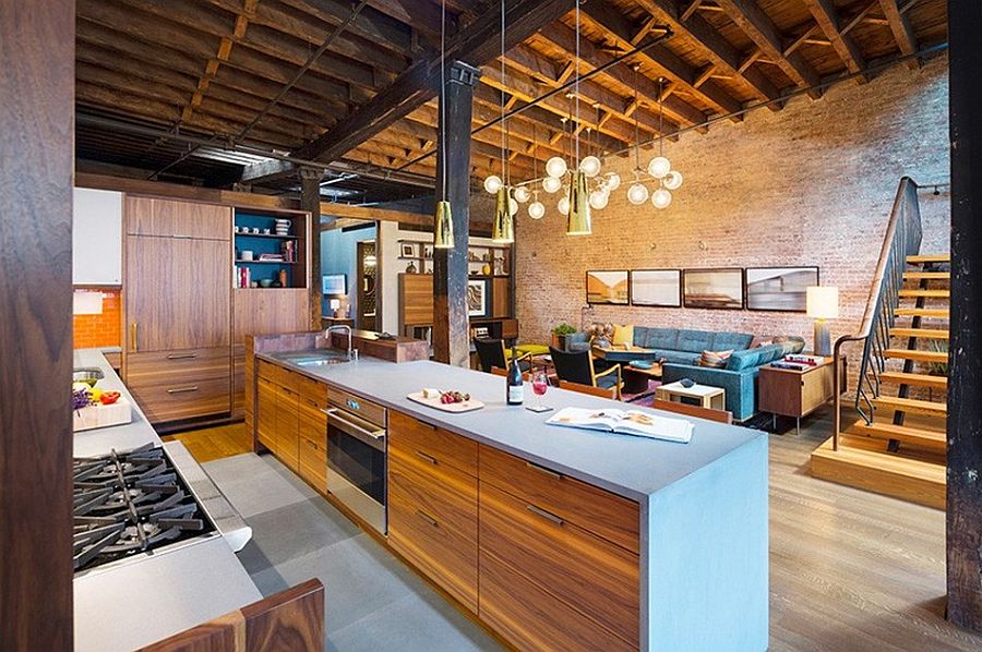 Kitchen of the renovated loft with beautiful lighting