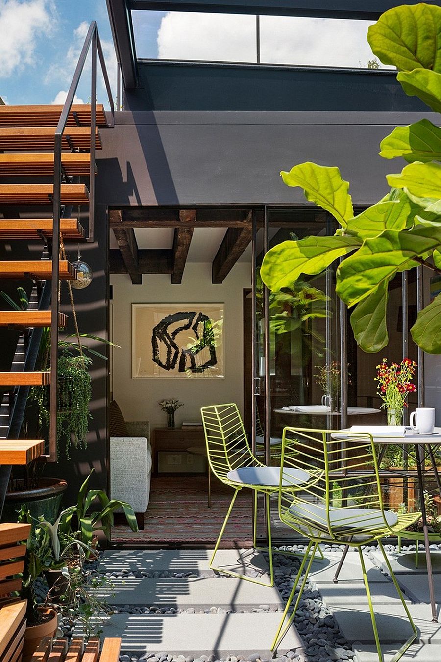 Large retractable skylight offers access to the roof garden