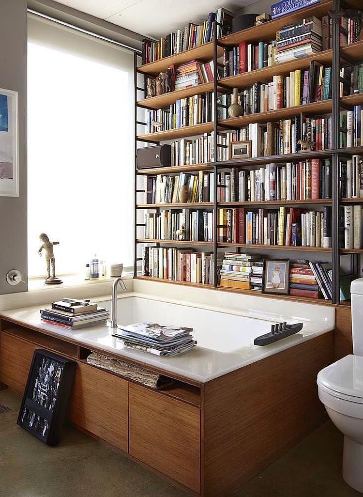 Library set into the bathroom walls at the home of writer Michael Cunningham [From: Work in Progress]