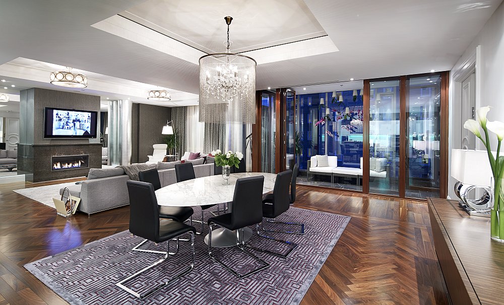 Living space of the lavish condominium that reflects the opulence of Ritz-Carlton