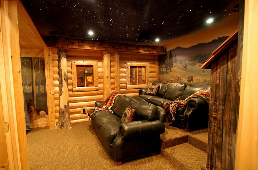 Log cabin style home theater with hand-painted murals and ceiling with fiber optics [Design: Foran Interior Design]