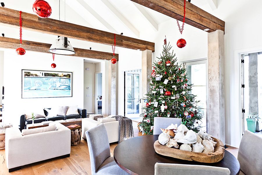 Lovely use of beams reduces the scale of the large living room [Design: Cortney Bishop Design]