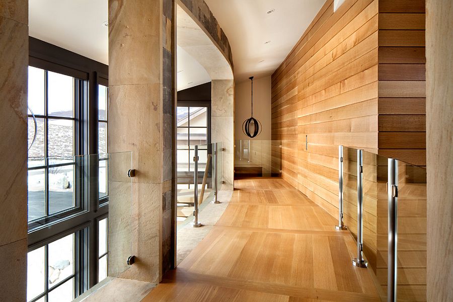 Mezzanine level of the home clad in wood