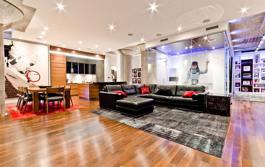 Open plan living area of the revamped loft in Montreal