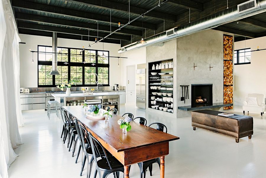 Open plan living area with a distinct industrial style [Design: Emerick Architects]