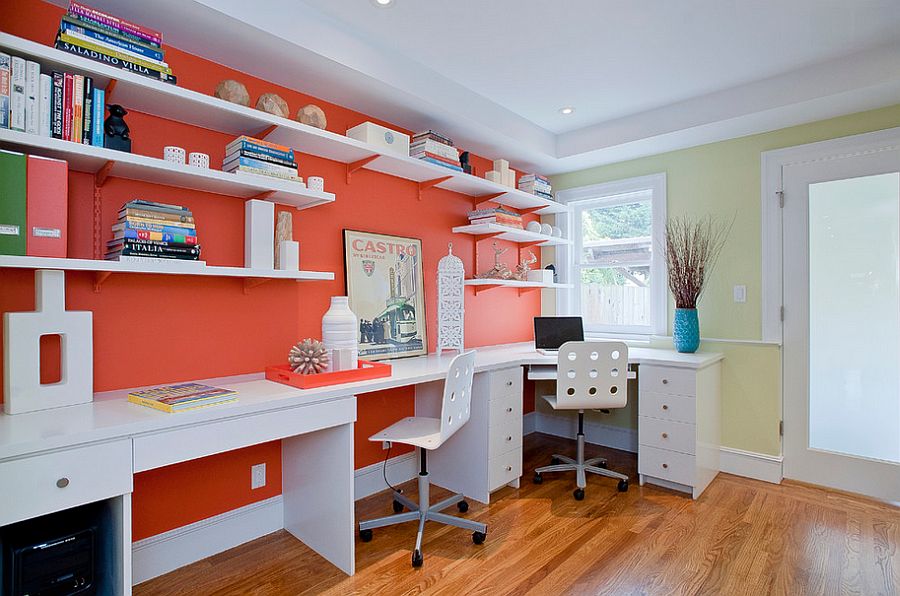 Open white shelves and desks add to the impact of orange in the home office [Design: Melissa Lenox Design]