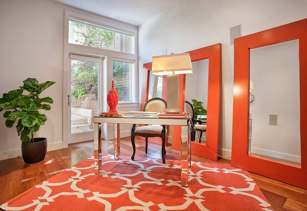 Orange mirror frames bring drama to the home office [From: Payton+Binnings]