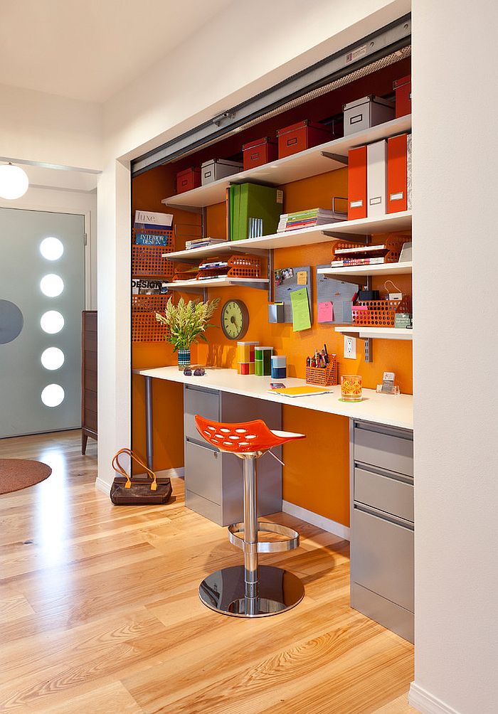 Organized home office in beautiful orange [Design: Kropat Interior Design]