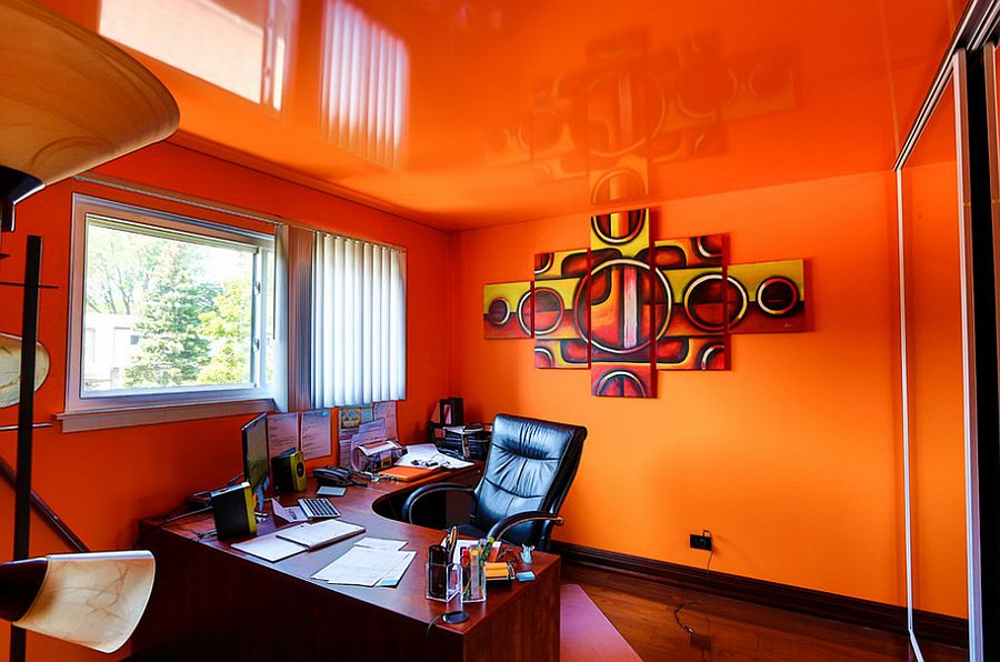 Reflective ceiling turns the home office into a world of orange [Design: Innovative Coverings]