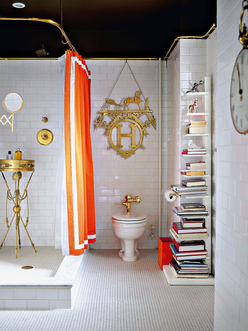 Sapien Bookcase adds elegance to the eclectic bathroom [Design: by Simon Doonan and Jonathan Adler / Photography by Debi Treloar]