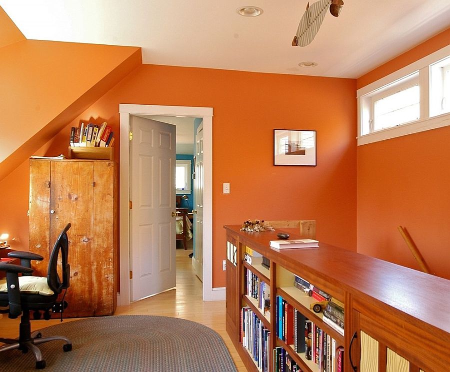 Small office in baked clay orange has a bright, cheerful appeal [Design: Joseph B Lanza Design + Building]