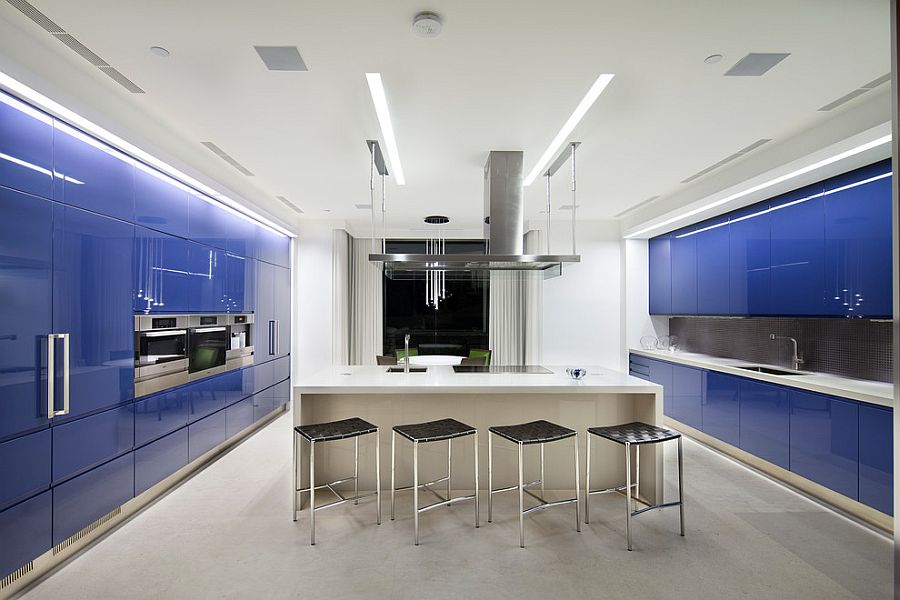 Spacious contemporary kitchen with a splash of blue