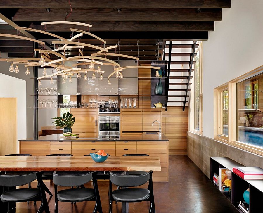 Spacious kitchen and dining area showcase a modern rustic style