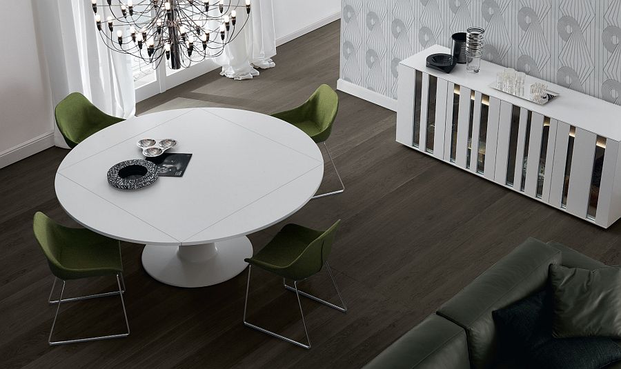 Square dining table that is transformed into a round one